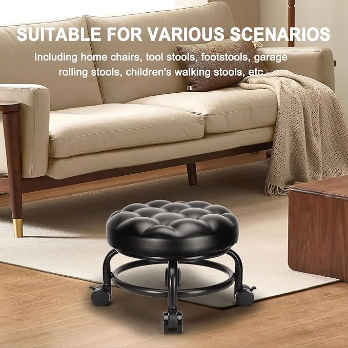 Low Height Rolling Stool Roller Stool PU Leather Comfortable Seat 360°Swivel Rotating, Modern Rolling Chair for Home Office Garage Shop