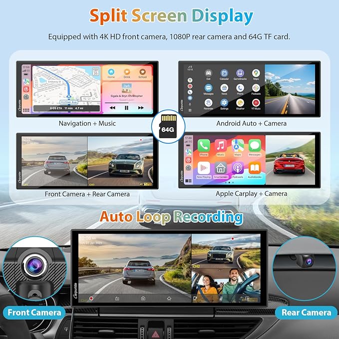 CARPURIDE W125S 11.26 Inch HD Wireless Carplay & Android Auto Screen, 4K +1080P+1080P Dash Camera for Cars with 64GB Card, with Loop Recording, Bluetooth, Voice Control, GPS, FM, Super Link