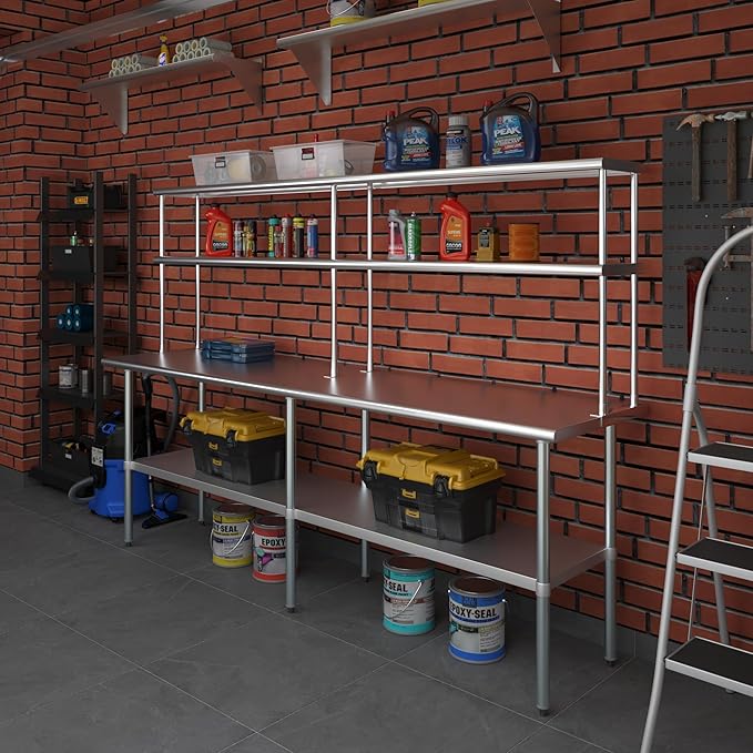 Amgood Stainless Steel Work Table Double Tier Overshelf | Metal Kitchen Prep Table & Shelving Combo (24" x 96" Work Table + 12" Overshelf)