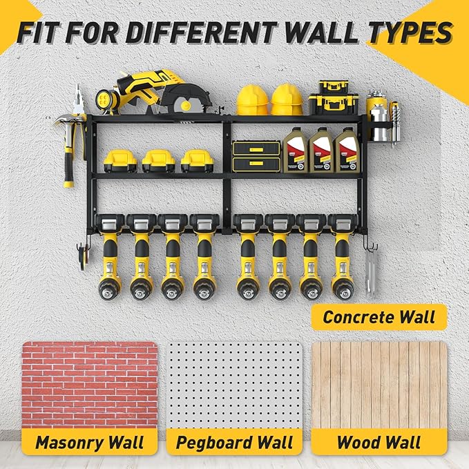 Large Power Tool Organizer Wall Mount for Fathers Dad, 3 Extra Large Layers Heavy Duty Metal Garage Organization Loads 300lbs with 8 Cordless Drill Holder, Power Tool Shelf for Workshop, Utility Racks