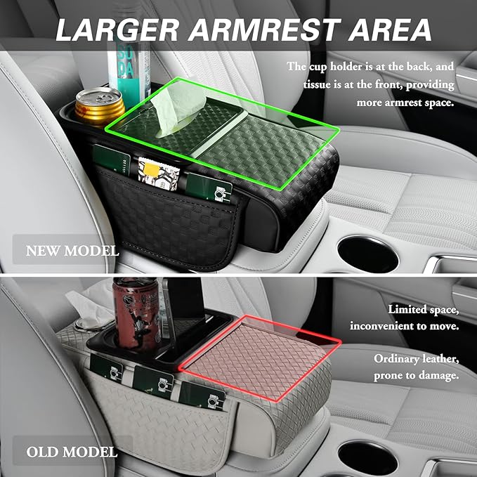 Car Center Console Cover, Armrest Cover for Storing Water Cups, Tissues, Cards, and Phones, 4-in-1 Center Cover with Soft Leather and High Resilience Memory Foam (Black)