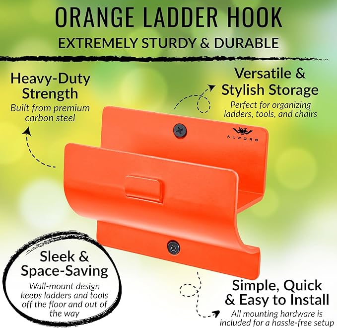 Orange Garage Storage Hooks - Heavy Duty Ladder Wall Mount, Wheelbarrow Hanger, Tool Holder, Hanging Brackets for Ladders, Folding Chairs