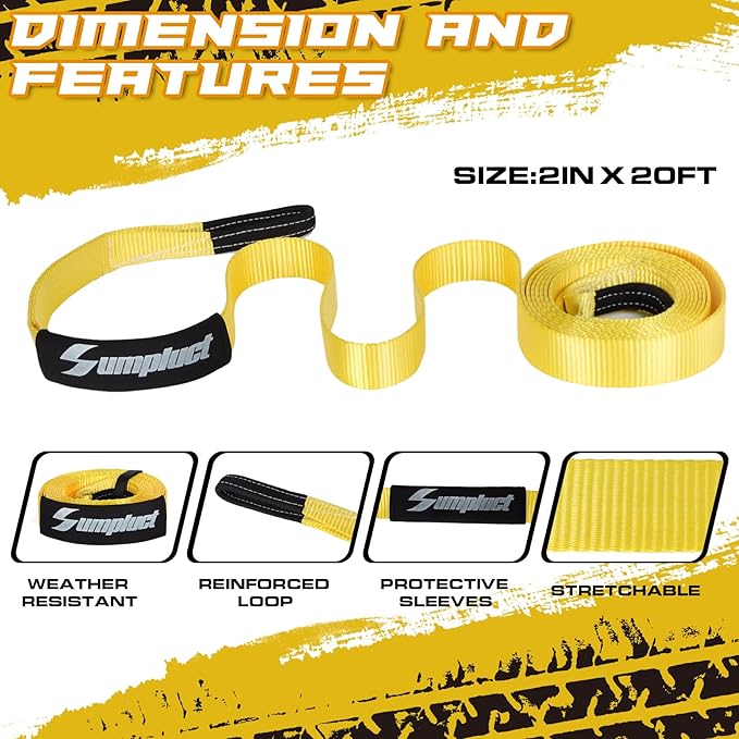 Recovery Tow Strap 2in X 20ft Exceed Heavy Duty 25,000 lbs Break Strength, Use for Emergency Towing Rope, Tree Saver, Winch Extension, Triple Reinforced Loops,Car Accessories