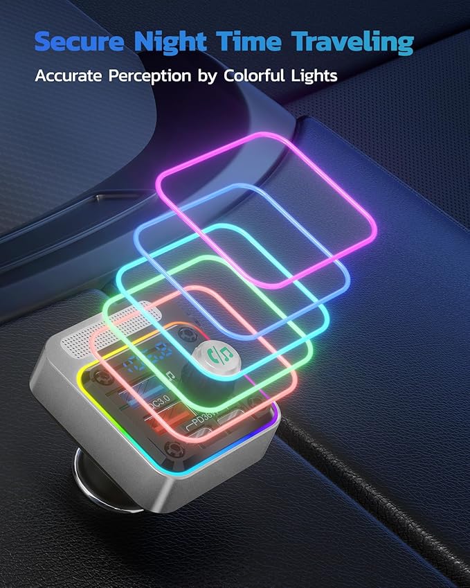 Nulaxy 54W Bluetooth 5.3 Car Adapter with 4 Charging Ports [PD 36W & QC3.0 18W], Wireless Radio FM Transmitter with Deep Bass Player & 5 Colors LED Backlit, Hands-Free Calling - Silver