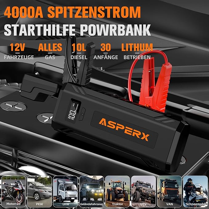 AsperX Car Jump Starter, 4000A Peak Battery Starter for All Gas or 10.0L Diesel Engines, 12V Battery Starter, Jump Box with USBA, Lithium Battery Booster with Built-in LED Light