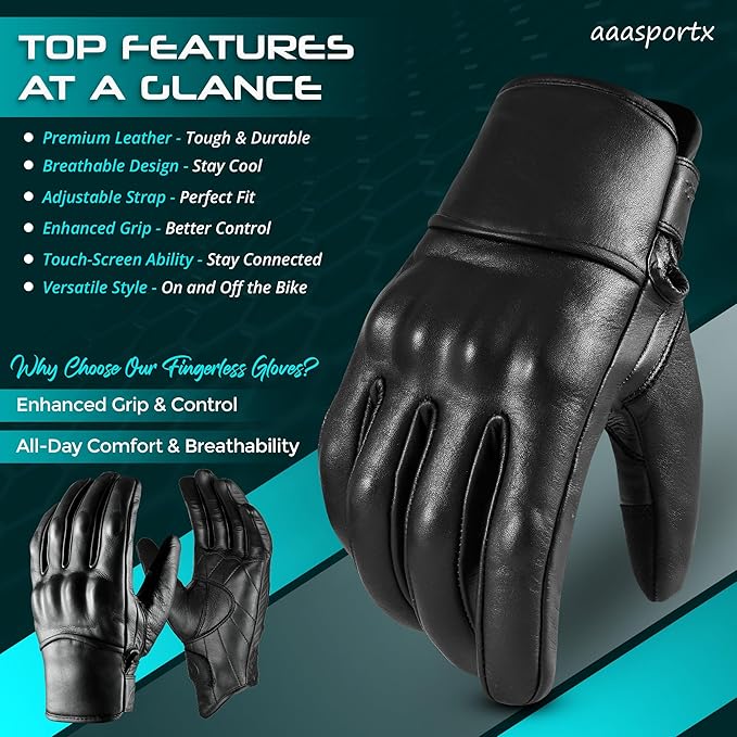 aasportx Motorcycle Gloves - Men's Leather Motorbike Gloves with Touchscreen Function - Non-Slip Pads for Men & Women