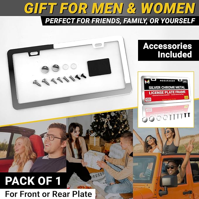 Premium Slim Polished Mirror Chrome License Plate Frame – 1 Pack, Rust-Free Stainless Steel & Rattle-Free, Street Legal Universal Fit with Screw Covers, Thin Silver Metal Front or Rear Car Tag Holder