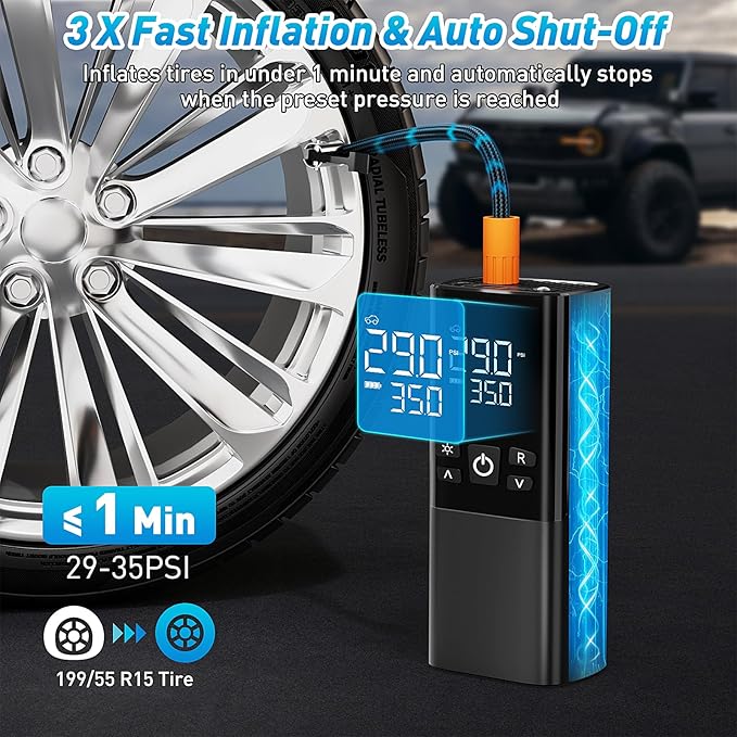 Tire Inflator Portable Air Compressor – Dual Power Mode, Built-in Battery & 12V Car Plug | Fast Inflation, Auto Shut-Off, Dual Pressure Display & LED Light for Cars, Motorcycles, Gifts for Men