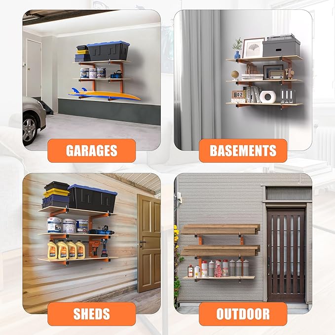 Lumber Rack Wall-Mounted Lumber Storage Rack, Heavy Duty Wood Storage Racks with 6-Level System, 1320 LB Sturdy Garage Wood Organizer, Orange Lumber Metal Racks for Indoor and Outdoor (4 Pack)