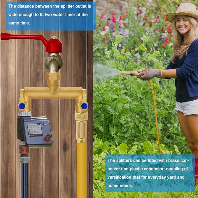 Brass Garden Hose Splitter, Garden Hose Splitter 2 Way Heavy Duty, with 2 304 Stainless Steel Extension Handles, 2-Way Y-Valve 3/4” GHT Threads (Increase Flow Style)