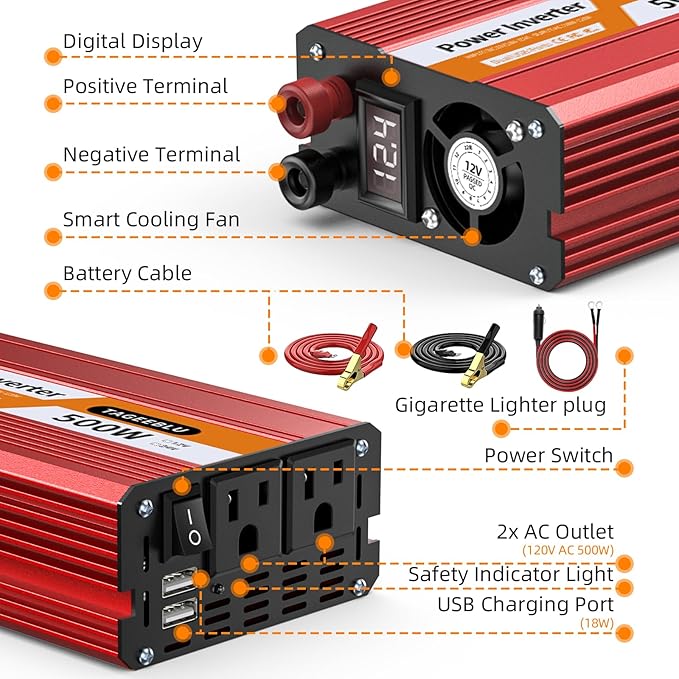 500W Power Inverter DC 12V to 110V/120V AC Car Inverter with 2 x 3.0A USB Ports and Dual AC Outlet, Equipped with 1 Cigarette Lighter and 2 Battery Clamps for Road Trip and Camping
