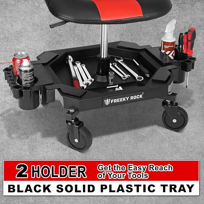 Rolling Stool with Wheels, Adjustable Height Pneumatic Garage Work Mechanic Stool Seat with Backrest, 400 LBS Capacity 360° Swivel Mechanic Crepper Chair with Tool Tray Storage, Red