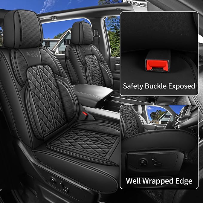 Car Seat Cover Custom Fit for Dodge Ram 1500 2500 3500 2002-2024 Faux Leather Seat Cover Set Compatible with Crew Quad Regular Cab Pickup Truck Cushions (Black, Full Set, Flat Rear)