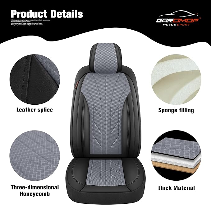 CAROMOP Luxury Faux Leather&Fabric Car Seat Covers 2 Front Seats with Breathable 3D Foam Back Support, Universal Seat Covers for Cars,Trucks,SUVs, Front Armrests Compatible(Black/Grey)