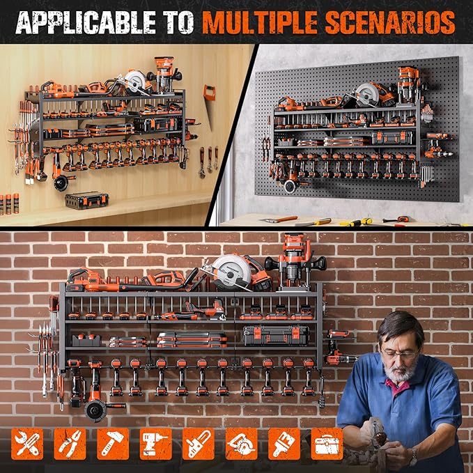 49.8" W Large Power Tool Organizer Wall Mount, Heavy Duty Tool Organizer with 14 cordless Drill Holder, 4 Layers Garage Organization and Storage Rack, Tool Rack for Garage Workshop, Black