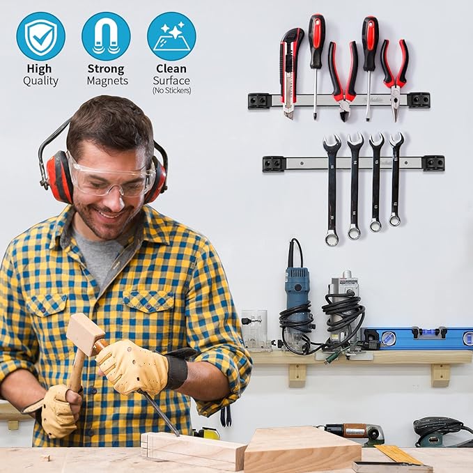 4 Pieces 12" Magnetic Tool Holder Strip, Stainless Steel Surface Tool Magnet Bar, Metal Tool Organizer Rack for Garage Organization, Easy To Install in Workshop, Mounting Screws Included