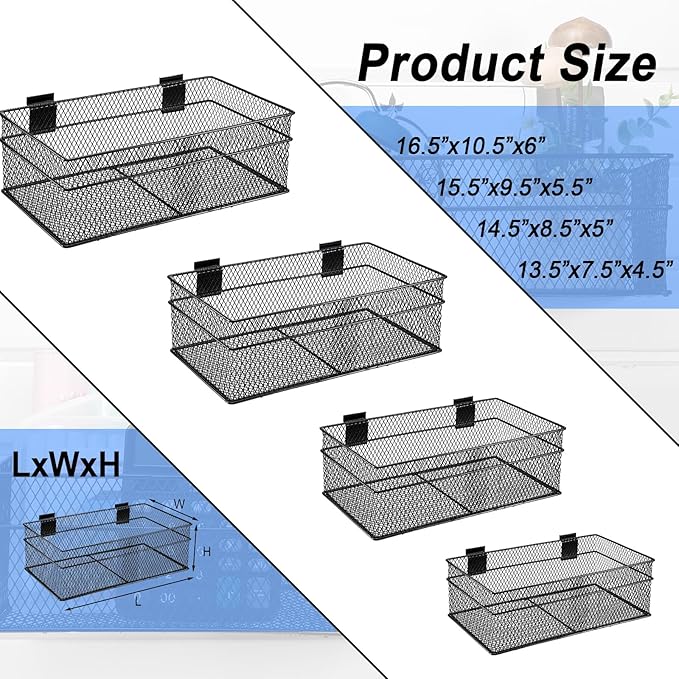 Barydat 4 Pcs Slatwall Basket Set Ventilated Metal Slatwall Basket Hanging Wire Bins Wall Mounted Accessories for Panel Garage Storage Display Organizing(Big Size,Black)