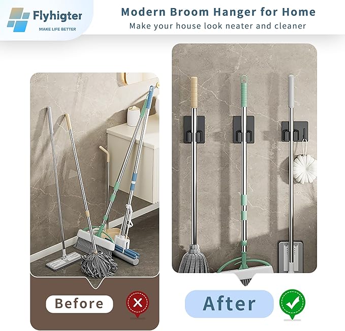 8 Pack Stainless Steel Mop Clips – Heavy Duty Wall Mounted Broom Holders, Rustproof & Tool-Free Install with Back Adhesive or Glue for Home and Garage