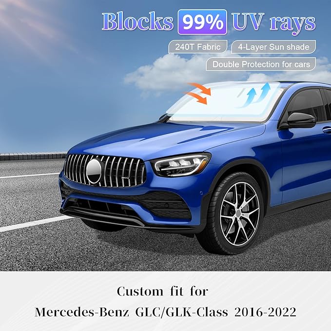 Sun Shade Sunshade for 2016-2025 Mercedes-Benz GLC300 GLK SUV Windshield Cover, 4-Layer Front Window Shade Custom fit Sun Visor 240T Retractable Shield Shade Blocks UV Rays Cooler Car Accessories