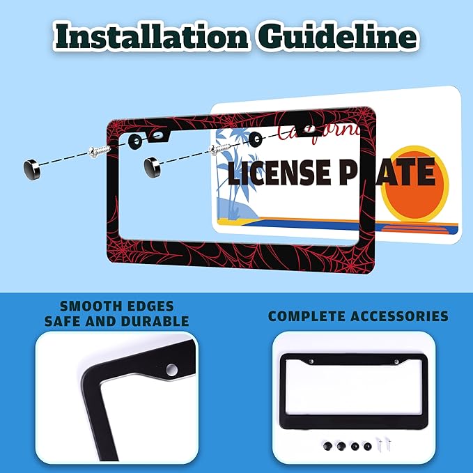 Red Spider Web License Plate Frame Funny Cobweb Stainless Steel License Plate Holder for Front or Rear Car Tags for Car Decoration Accessories with Screws 6.3 X 12.2 in for Women Men