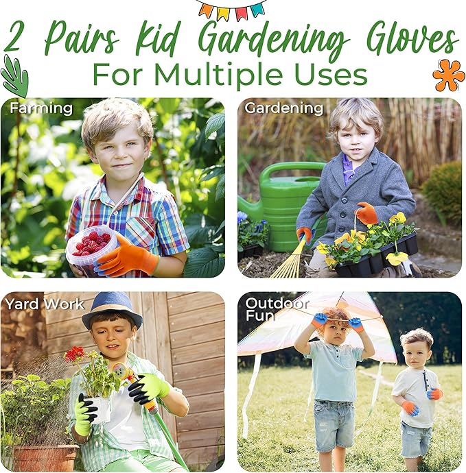 HANDLANDY 2 Pairs Kids Gardening Gripper Gloves, Foam Rubber Coated Children Toddler Garden Yard Work Outdoor Playing Gloves for Girls Boys (Size L)