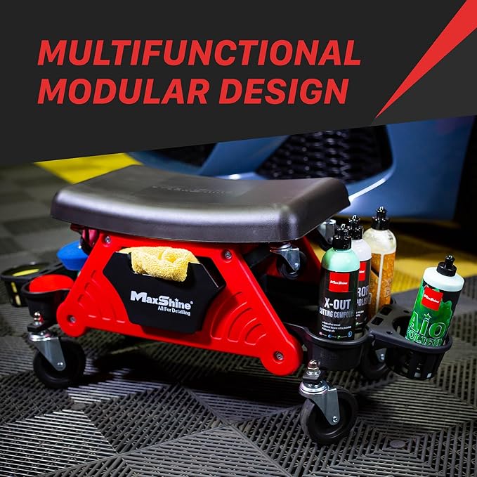 Maxshine Detailing Creeper Seat with Built-in Storage, 2-in-1 Modular Rolling Garage Stool, Mechanic Shop Seat with Tool Tray for Auto Car Detailing & Repair