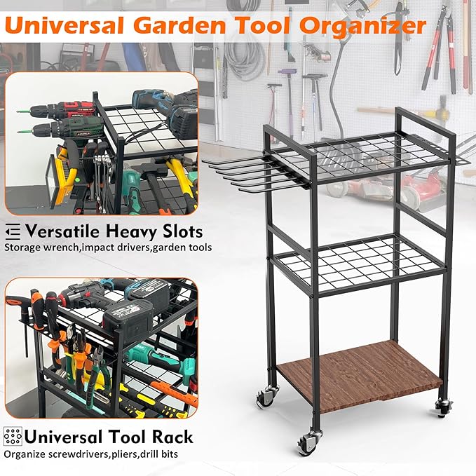 MUTUACTOR Heavy Duty Garage Tools Organizer Cart,3-Tier Rolling Utility Tool Chest with Electric Impacts Rack,Large Load-Bearing Shelf Storage Metal Rack Tool Cart with Wheel for Organizer and Storage