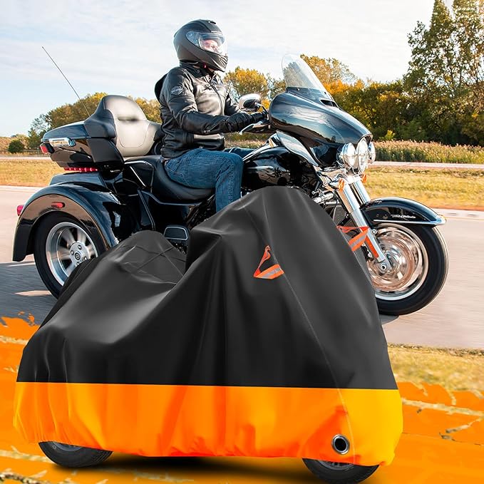 Trike Motorcycle Cover, Outdoor Waterproof Vehicle Cover with Windproof Buckle Reflective Strip for Harley Davidson, Honda Gold Wing, Kawasaki 3 Wheel Motorcycle Accessories (Black&Orange)