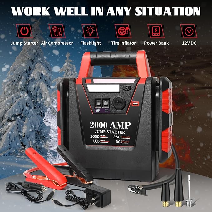 2000A Jump Starter with Air Compressor,Car Battery Jumper Starter 260 PSI Tire Inflator,6 in 1 Auto Lead-Acid Battery Booster Jump Starter for Up to 10.0L Gas or 8.0L Diesel with LED Light