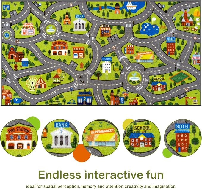 STARUIA Washable Kids Carpet Playmat Rug for Boys Play Room, Baby Fun Learning Car Rug for Kids Toy Cars, Non-Slip City Road Rugs for Kids Room Bedroom Classroom, 79"x39"