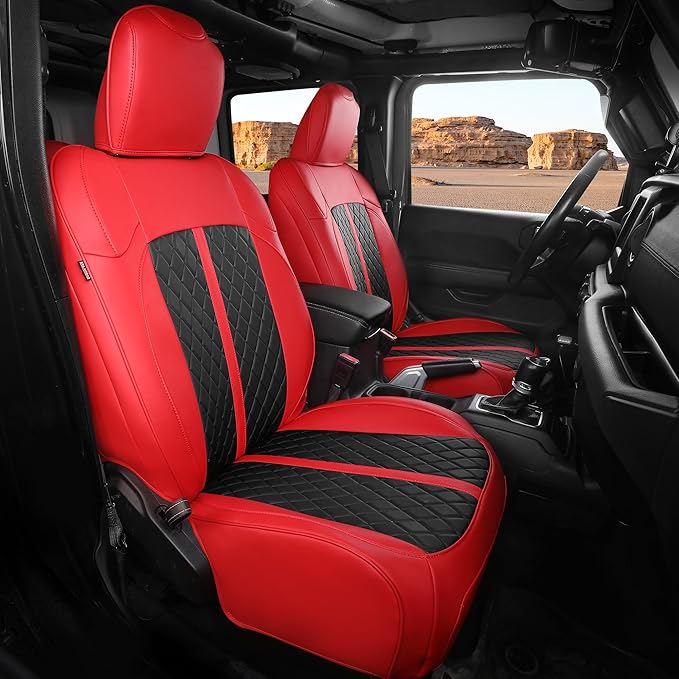 for Jeep Wrangler Seat Covers 4Door JL 2018 2019 2020 2021 2022 2023 2024 2025, Custom Fit Car Seat Cover Full Set, Luxury Waterproof Leather Seat Protectors, Red Black, W/O Rear Cup Holder