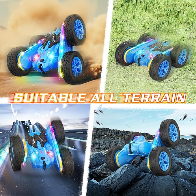 Remote Control Car, Rc Cars Stunt Kids Toys New Upgraded Strip Lights and Headlights Double-Sided 360° Rotating 4WD Drift Truck for Boys Girls Birthday Gift (Blue)