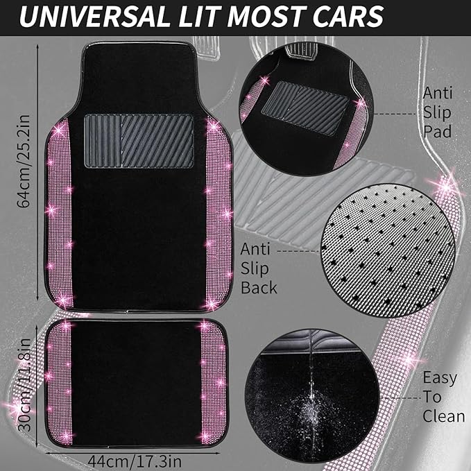 NBTEPEM Pink Bling Car Floor Mats Full Set, Universal Fit Most Cars,SUV, Trucks, 4 pcs Sparkle Glitter Diamond Carpet for Women Girls with Anti-Slip Pad (Pink Diamond)