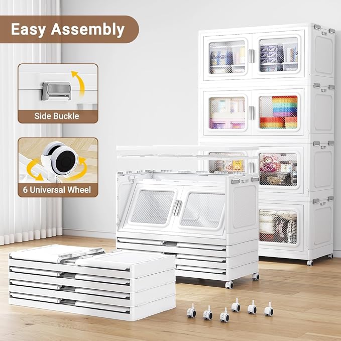 660 Qt Stackable Storage Bin with Lid, 165Gal Extra Large Collapsible Storage Boxes, Folding Plastic Drawer, Heavy-Duty Store Cabinet, Closet Organizer for Home Kitchen, 3 Pack White