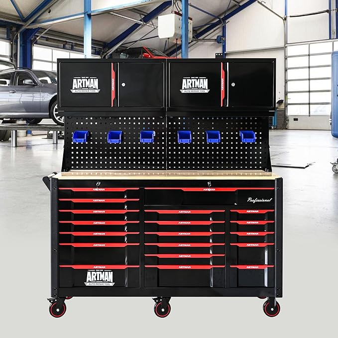 66-Inch Rolling Tool Chest and Workbench with Wheels & 19 Drawers, Lockable Storage Cabinet Stainless Steel for Garage Workshop (Tool Cart)