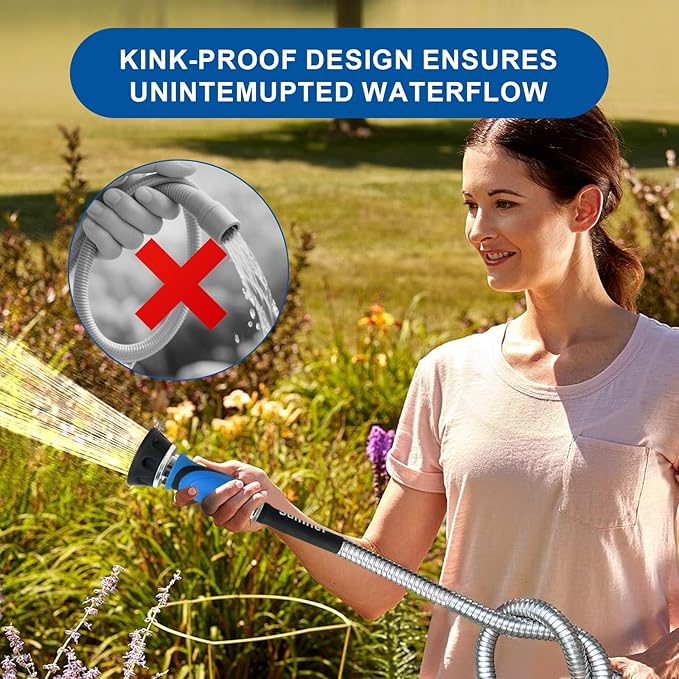 Metal Garden Hose 30 Ft Flexible Stainless Steel Water Hose 25 Ft 50 Ft With Hose Nozzle, Heavy Duty No Kink Hose (30FT)