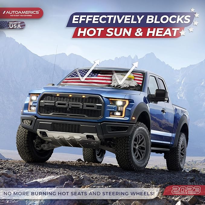 Autoamerics 1-Piece Windshield Sun Shade New American Eagle Flag USA Patriotic Design - Foldable Car Front Window Sunshade for Sedans SUV Truck - Blocks Max UV Rays and Keeps Your Vehicle Cool - Large