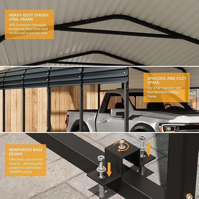 12 x 24 FT Metal Carport with Galvanized Steel Roof, Heavy Duty Metal Roof Carport with Enhanced Base, Tall Kits Garage for Tractors, Trucks, Boats, Cars