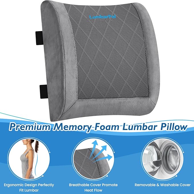 Lumbar Support Pillow for Office Chair Back Support Lumbar Pillow for Car, Gaming, Office Chair - Improve Sitting Posture & Back Pain Relief, Memory Foam, Adjustable Straps, Fluffy Grey