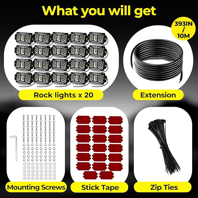 20 Pods 540 LEDs White Rock Lights with 11yd/10M Extension Wire, 6000K Super Bright Underglow Light, Waterproof IP67, 360° Full Angle Illuminate Rock Lights for Trucks Jeep UTV ATV SUV Boats