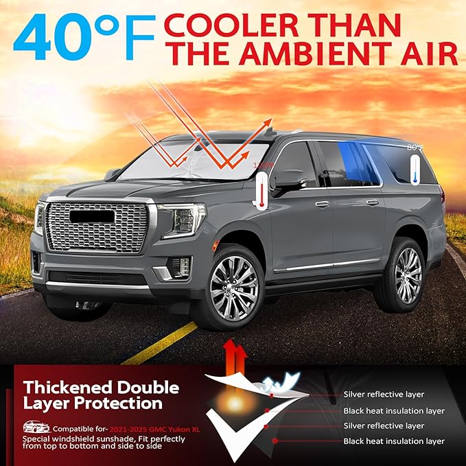 KAYZT Windshield Sun Shade for 2021-2025 GMC Yukon XL Foldable Sunshade Front Window Custom Fit Car Accessories