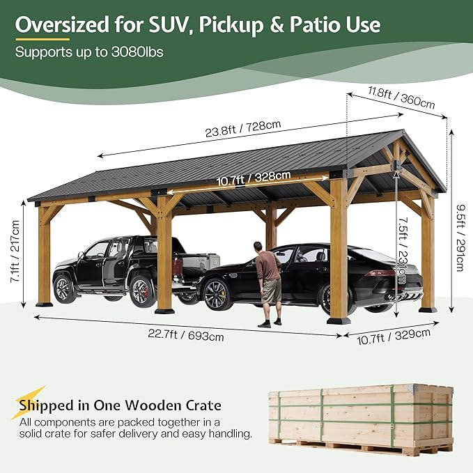 Jocisland 12x24 FT Cedar Wood Hardtop Carport with Steel Roof, Waterproof Outdoor Gazebo Pavilion, Heavy-Duty Snow & Wind Resistant Canopy for Patio, Driveway, Garden