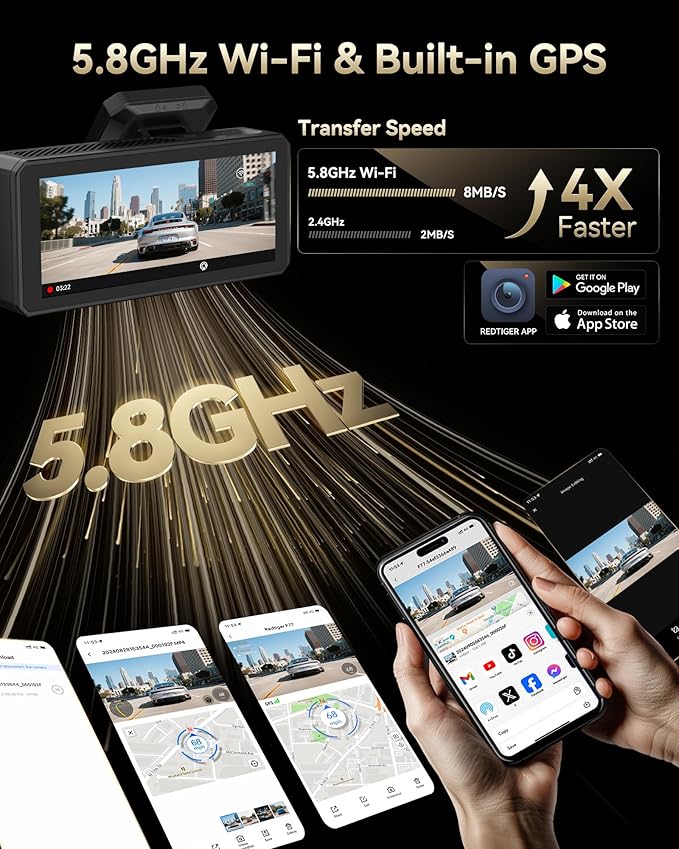 REDTIGER F77 4K+4K Dash Cam Front and Rear, Dual STARVIS 2 IMX678 HDR, Built-in 128GB eMMC, Voice Control Dash Camera for Cars with 5.8GHz WiFi, 4'' Touch Screen, GPS, Night Vision, 24H Parking Mode