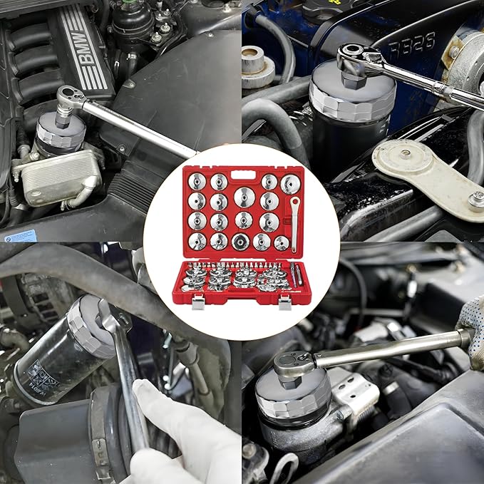 Auto Oil Filter Socket Wrench Set, Cup Type 1/2 inch Drive Cap Removal Tool, with Drain Plug Socket Set/Adjustable/Drive, Compatible, all Models Car, SUV, Oil Filter (58, RED)