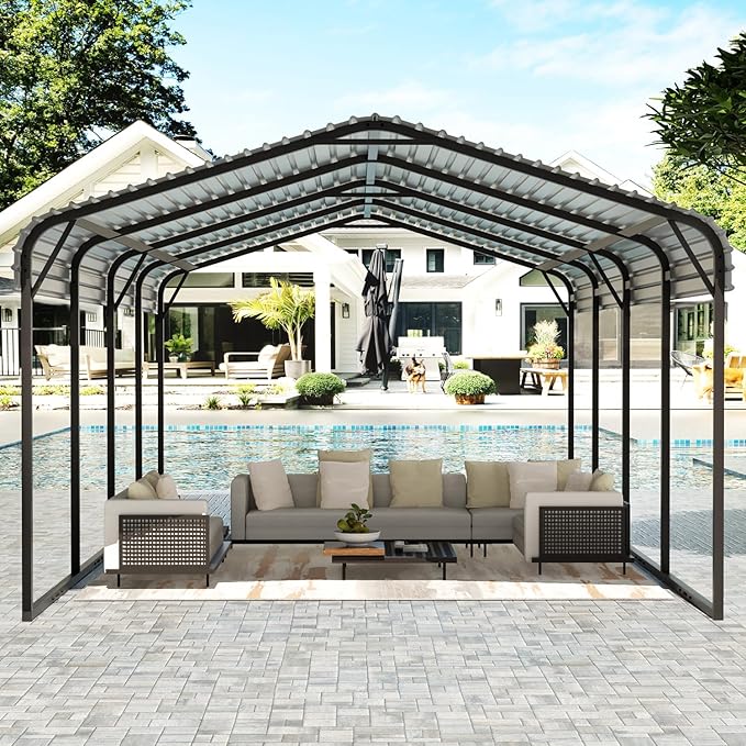 EBE 12 x 20 FT Metal Carport, Heavy Duty Carports with Galvanized Steel Roof, Outdoor Multi-Use Carport Canopy, Garage Car Shelter Shade for Car, SUV, Truck, and Boats