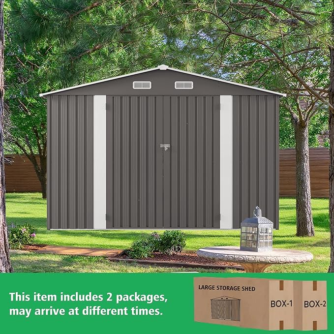 10X12 FT Outdoor Storage Shed with Windows, Metal Sheds & Outdoor Storage with Lockable Door and 4 Vents, Outside Storage Shed Waterproof for Backyard, Garden, Patio, Gray