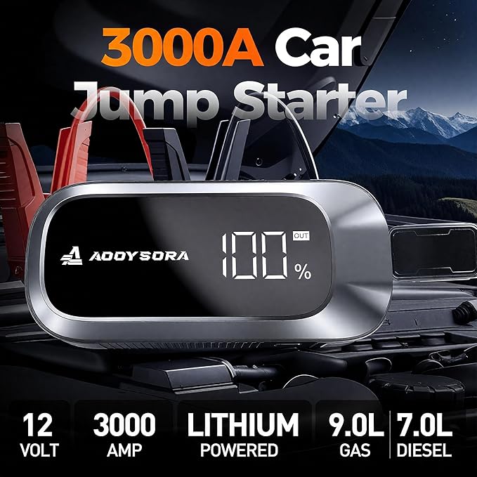 3000A Car Battery Jump Starter,16000mAh Jump Starter Battery Pack Up to 9.0L Gas & 7.0L Diesel, 12V Portable Car Jump Starter with LED Screen/3 Modes Flashlight/Jumper Cable