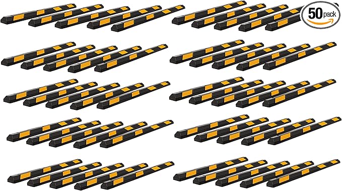 ZONETECH Large Heavy Duty Rubber Parking Curb – 72” Premium Quality Auto Garage Wheel Stopper Professional Grade w/Yellow Reflective Tape for Car, Truck, Trailer and RV (50-Pack)