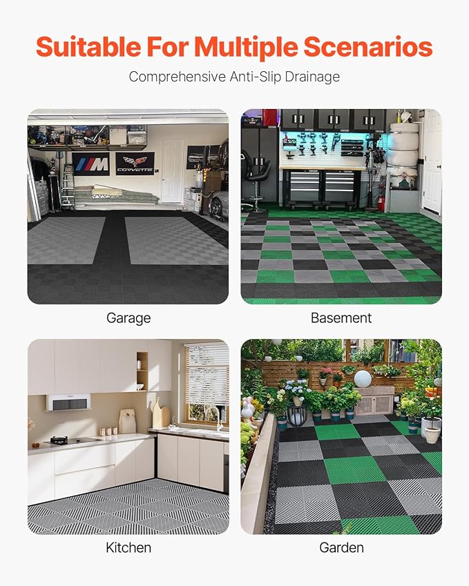 VEVOR Interlocking Drainage Mat, 15.7” x 15.7” Modular Interlocking Cushion, 24 Pcs Splicing Drainage Mats, Non-Slip Gray PP Drainage Floor Tile and Shower Mat, for Garage, Garden, Kitchen & Outdoor