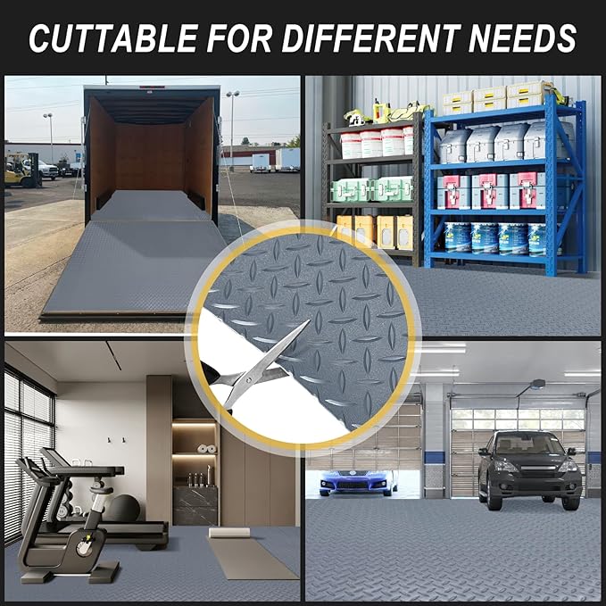 7.5x20 FT Garage Floor Mat, 2.8mm Thickened Flooring Roll with 20Pcs Tapes, Diamond Plate PVC Rubber Trailer Mat, Non-Slip Floor Protector Mat for Garage, Warehouse, Gyms, Trailer(Matte Gray)